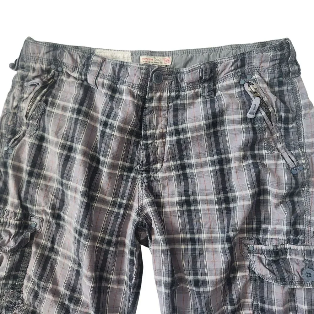 VTG 555 Soul Essentials-Gray Plaid Mens Cargo Shorts-Cinch Leg/Waist-Thrashed 36